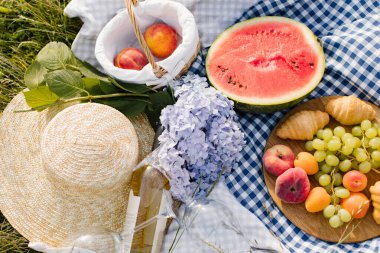 Güneşli bir günde ayçöreği, meyve ve çiçeklerle kahvaltı pikniği. Piknik, yemek, brunch, yaz havası.