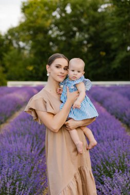 Kahverengi elbiseli anne, küçük kızını lavanta tarlasında mavi elbisesiyle kollarında tutuyor. Kadın, lavanta tarlasında bir bebek tutuyor..