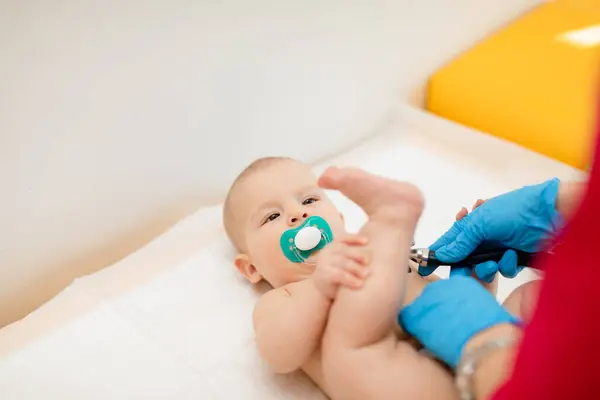 stock image Pediatrician is examining a newborn baby in the hospital. Pediatrician is examining baby using stethoscope to listen to the child's heart beat.