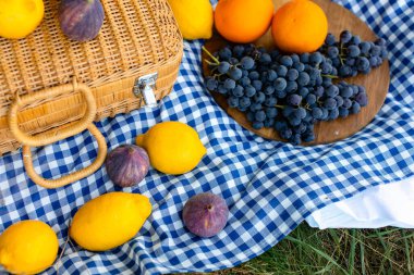 Mavi kareli masa örtüsüyle beyaz bir piknik sahnesi, narin bir ortanca, dokunmuş bir saman bavulu ve limon, portakal, incir ve taze üzümler içeren canlı meyveler.. 