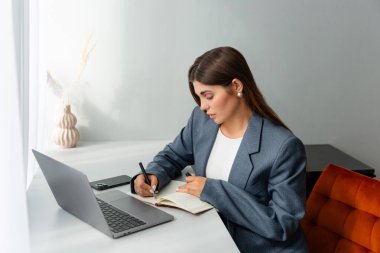 Masasında çalışan spor ceketli bir kadın dizüstü bilgisayarına bakarken elinde kalem tutuyor. Önünde bir defter açık duruyor ve içinde kurumuş bitkiler olan bir vazo boşluğu süsler. Boşluğu kopyala. 