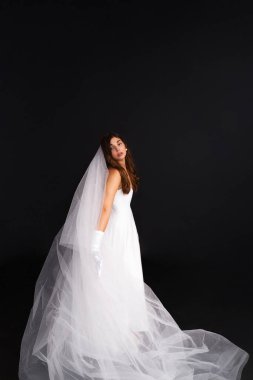 Uzun beyaz gelinlikli, tül peçeli ve siyah arka planda eldivenleri olan güzel bir gelin. Modern minimalist tarzda tam boy dramatik stüdyo portresi.