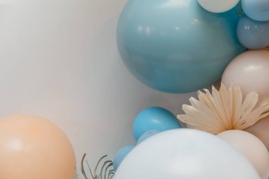 Minimalist parti arka planında mavi, şeftali ve beyaz renkli pastel balonlar var. Kurumuş palmiye yaprağıyla süslenmiş. Kutlama veya olay tasarımı için modern festival arkaplanı.