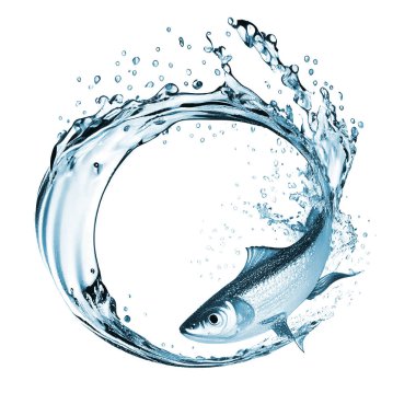 Balıklar yüzüyor ve arkalarında dairesel bir su sıçrıyor. Logo tasarımı ya da diğer su ve balıkçılık projeleri için uygun. Beyaz arkaplan
