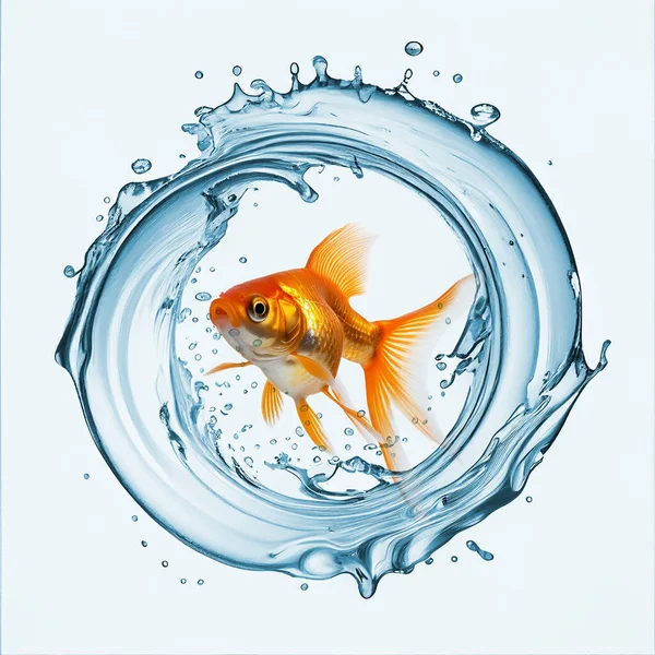 Goldfish swimming through a water ring. Water jet flowing and splashing in a round frame, liquid splash around a goldfish