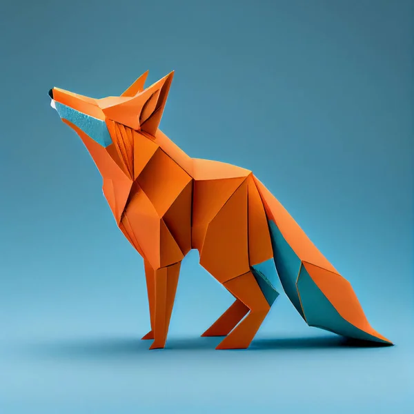 Mavi Arkaplanda Origami Tilkisi Yan Görünüm Telifsiz Stok Imajlar