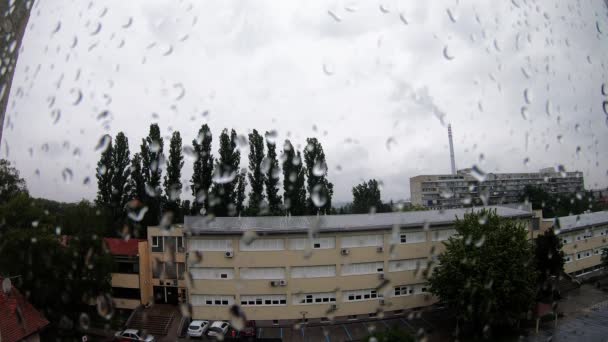 Power Plant Chimney Rainy Day View Window — стоковое видео