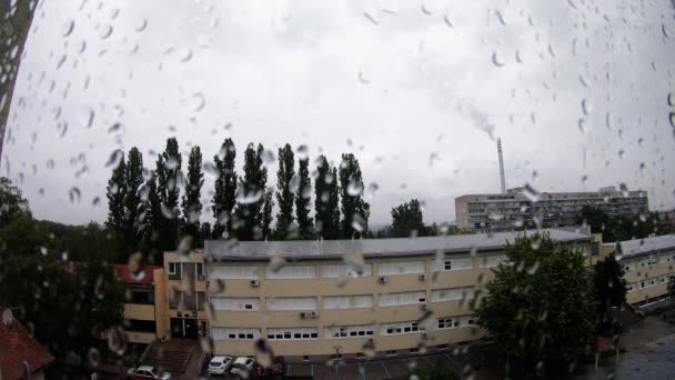 Power Plant Chimney Rainy Day View Window — Stock video