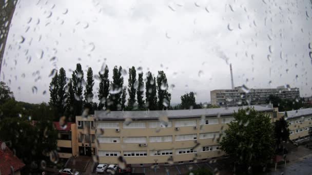 Power Plant Chimney Rainy Day View Window — Αρχείο Βίντεο