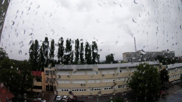 Power Plant Chimney Rainy Day View Window — Stockvideo