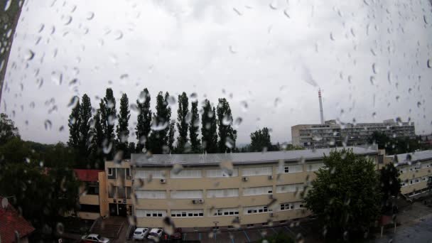 Power Plant Chimney Rainy Day View Window — Stock video