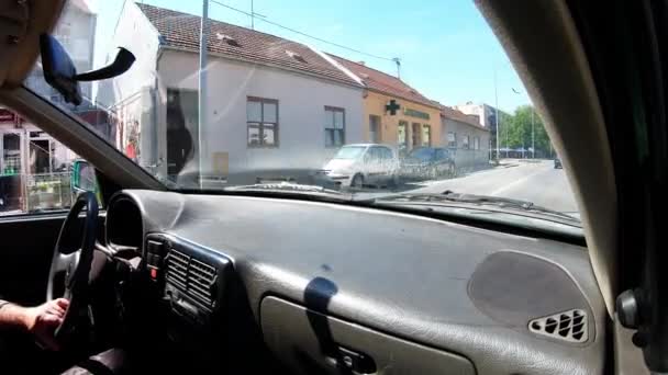 Car Drive Trough Town Passenger View — Videoclip de stoc