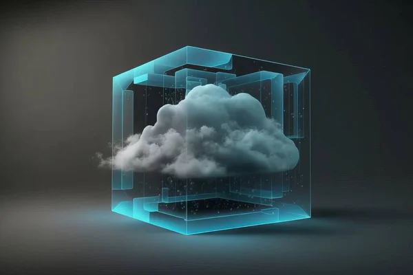 Projection Of Cloud In Transparent Geometric Figure. Projection In Gray Blue Colors. 3D Illustration. White Natural Cloud In Transparent Square.