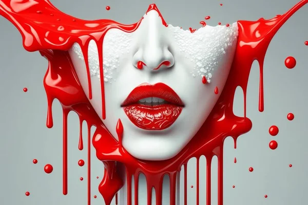 Part Of Woman Face On Light Background. Red Lips And Red Paint Running Down Face. Open Mouth. 3D Illustration.