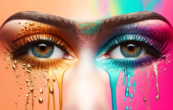Eyes Of Woman In Brilliant Multicolored Colors. Paint Seems To Flow From Eyes. One Eye In Brilliant Colors. Other Eye Is Multicolored. 3D Illustration.