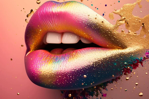 Shiny Female Lips In Blue And Pink Colors. Paint Runs. Sensitive Lips Open Mouth. 3D Illustration.