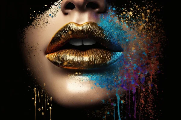 Girl Face With Golden Colors On Black Background. Half Of Face Is Covered With Golden Particles Of Paint. 3D Illustration.