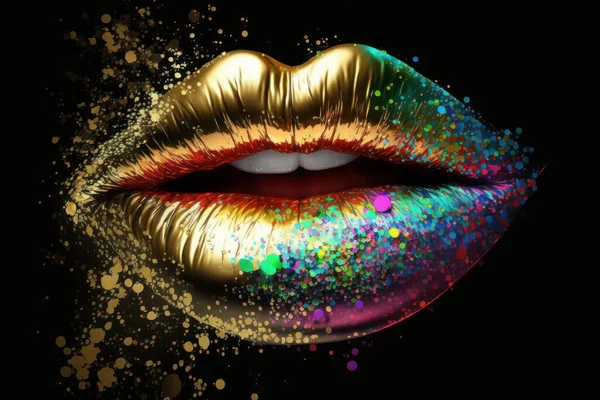 Golden Lips On Black Background. Shiny Particles Of Blue Color On Lips Open Mouth. 3D Illustration.