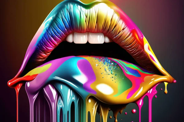 Female Lips Painted In Different Colors. 3D Illustration. Lower Lip Turned Into Flow Of Paint. Paint Flows In Different Directions.