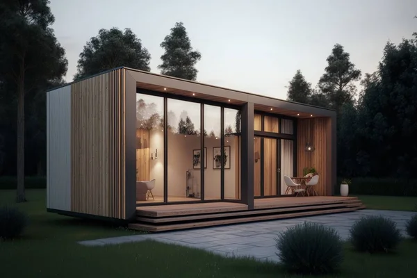 Small Modern Rectangular House In Forest. 3D Illustration. Large Windows And Wonderful Interior Inside House.