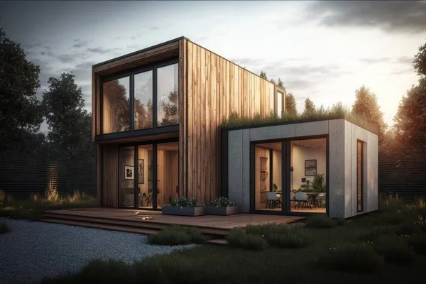 Small Modern House In Forest. 3D Illustration. Large Windows And Wonderful Interior Inside House.