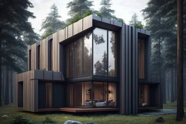 Small Modern House In Forest. 3D Illustration. Large Windows And Wonderful Interior Inside House. Twilight.