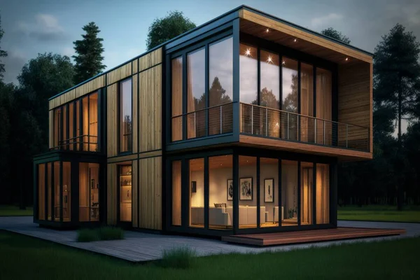 Small Modern House In Forest. 3D Illustration. Large Windows And Wonderful Interior Inside House. Twilight.