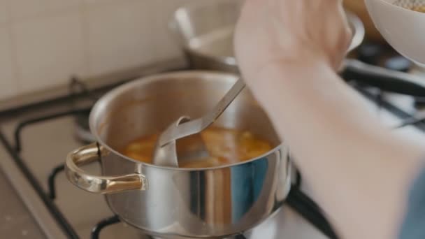 皿にスープをすくう女の手 ストーブの上のスープのポット — ストック動画