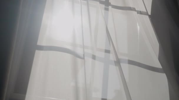 Cortina Transparente Janela Tecido Sopro Vento Luz Solar Brilha Através — Vídeo de Stock