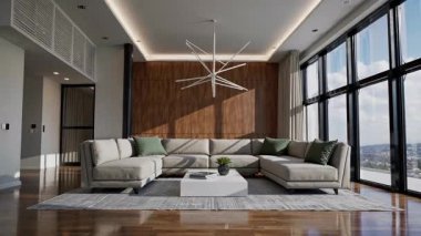 Modern mobilyaların yanı sıra nefes kesici panoramik pencerelere sahip şık ve ferah bir oturma odası.
