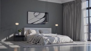 Sakinleştirici nötr paleti ve modern dekoru olan şık bir yatak odası. Rahatlamak ve rahatlamak için ideal.