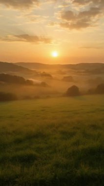 Huzurlu bir gün doğumu sisli tepeleri ve canlı yemyeşil alanları aydınlatıyor, doğa meraklıları için ideal.