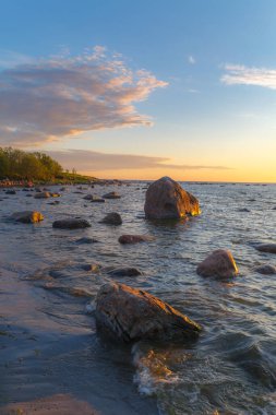 Deniz suyunda kayalıklar batıyor. Günbatımı, turuncu ışık, Estonya.