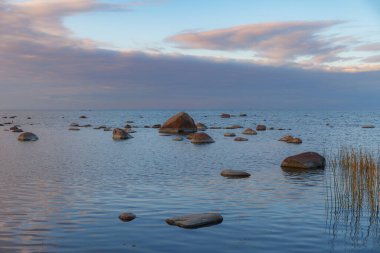 Baltık Denizi kıyısındaki kayalar. Bulutlu gün batımı.