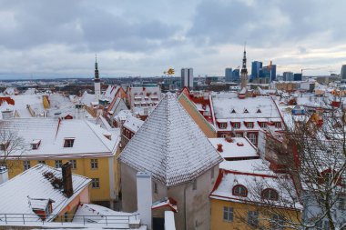 TALLINN, ESTONIA - 15 Ocak 2023: Kar yağdıktan sonra Tallinn 'deki eski evlerin çatıları karla kaplı