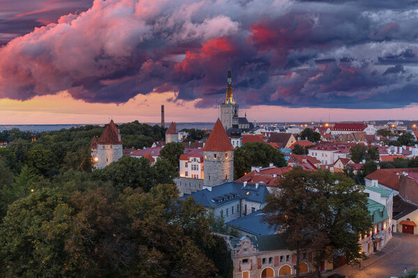 The government house. Evening top view of night Tallinn, Estonia. Dramatic purple clouds in the sky