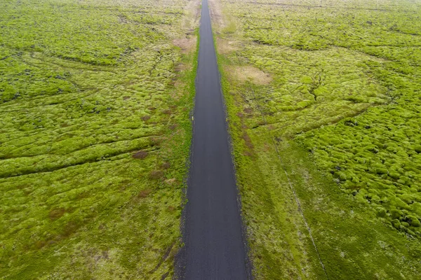 冰岛环形山路穿过布满苔藓的火山岩 — 图库照片