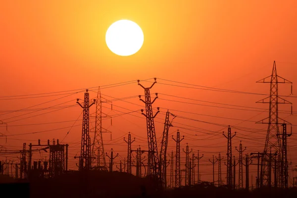 Tall Electricity Towers Sunset Rajasthan State India — Stock Photo, Image