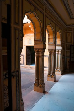 Decorative arches at historic Nahargarh fort in Jaipur, Rajasthan, India.