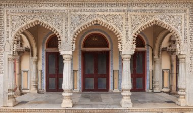 Jaipur, Rajasthan, India - October 11, 2022: Exterior view of intricate designed arches of Mubarak mahal in Jaipur, Rajasthan, India clipart