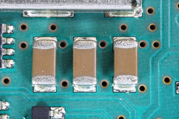 Close up view of surface mount devices on printed circuit board.