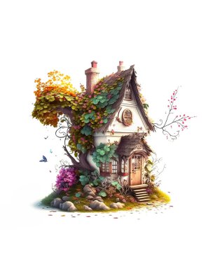 Beyaz arka planda renkli bitkileri olan bilgisayarla yaratılmış güzel peri masalı evi..