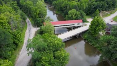 Aerial view of Mechanicsville Covered bridge in Ashtabula county, Ohio, USA.