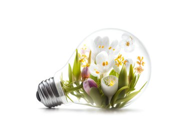 Concept of saving the environment and saving energy, Fresh spring bloom inside the electrical bulb.
