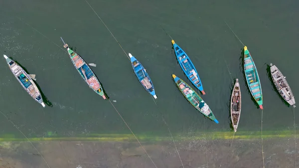Veduta Aerea Vecchie Barche Colorate Pescatori Nel Fiume Krishna Andhra — Foto Stock