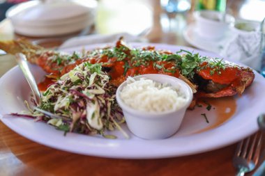 Baharatlı Meksika usulü ızgara balık. Yakından bak..