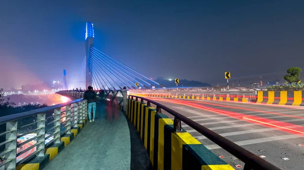 stock image Durgam Cheruvu bridge at Hitech city, Hyderabad, India during night time illuminated.