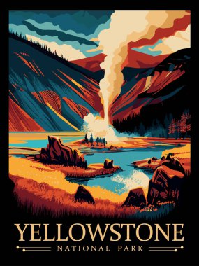 Renkli Yellowstone Ulusal Park posterinin vektör illüstrasyonu.