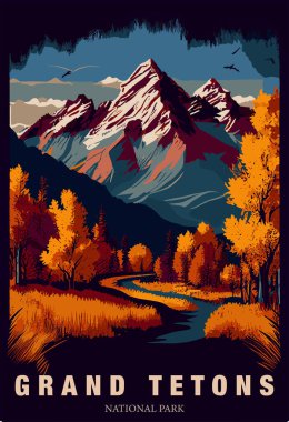 Renkli Grand Tetons Ulusal Park posterinin vektör illüstrasyonu.