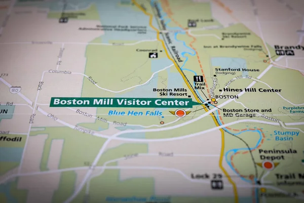 Boston mill visitor center mark on the Cuyahoga national park ,Ohio, map, close up shot.